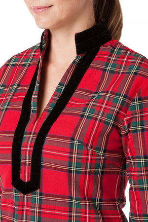 Tunic Dress Stretch Twill Royal Stewart with Black Velvet Trim - Castaway Nantucket Island