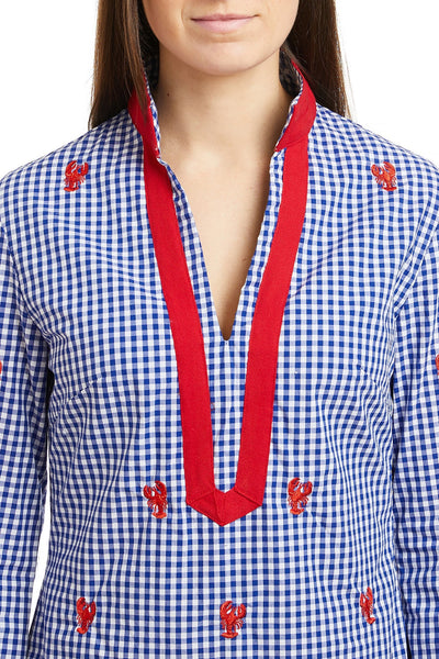 Tunic Dress Wide Gingham Royal w/White Trim with Lobster TUNICS & DRESSES Castaway Nantucket Island