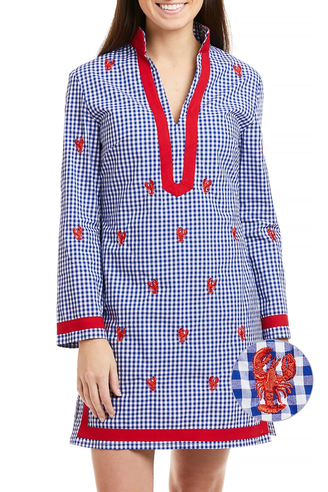 Tunic Dress Wide Gingham Royal w/White Trim with Lobster TUNICS & DRESSES Castaway Nantucket Island