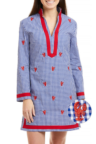 Tunic Dress Wide Gingham Royal w/White Trim with Lobster TUNICS & DRESSES Castaway Nantucket Island