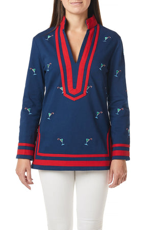 Tunic Top Nantucket Navy with Martini Candy Cane and Red Trim - Castaway Nantucket Island