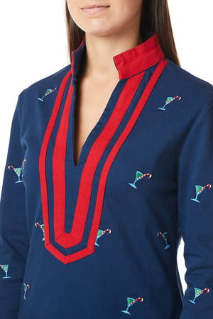 Tunic Top Nantucket Navy with Martini Candy Cane and Red Trim - Castaway Nantucket Island