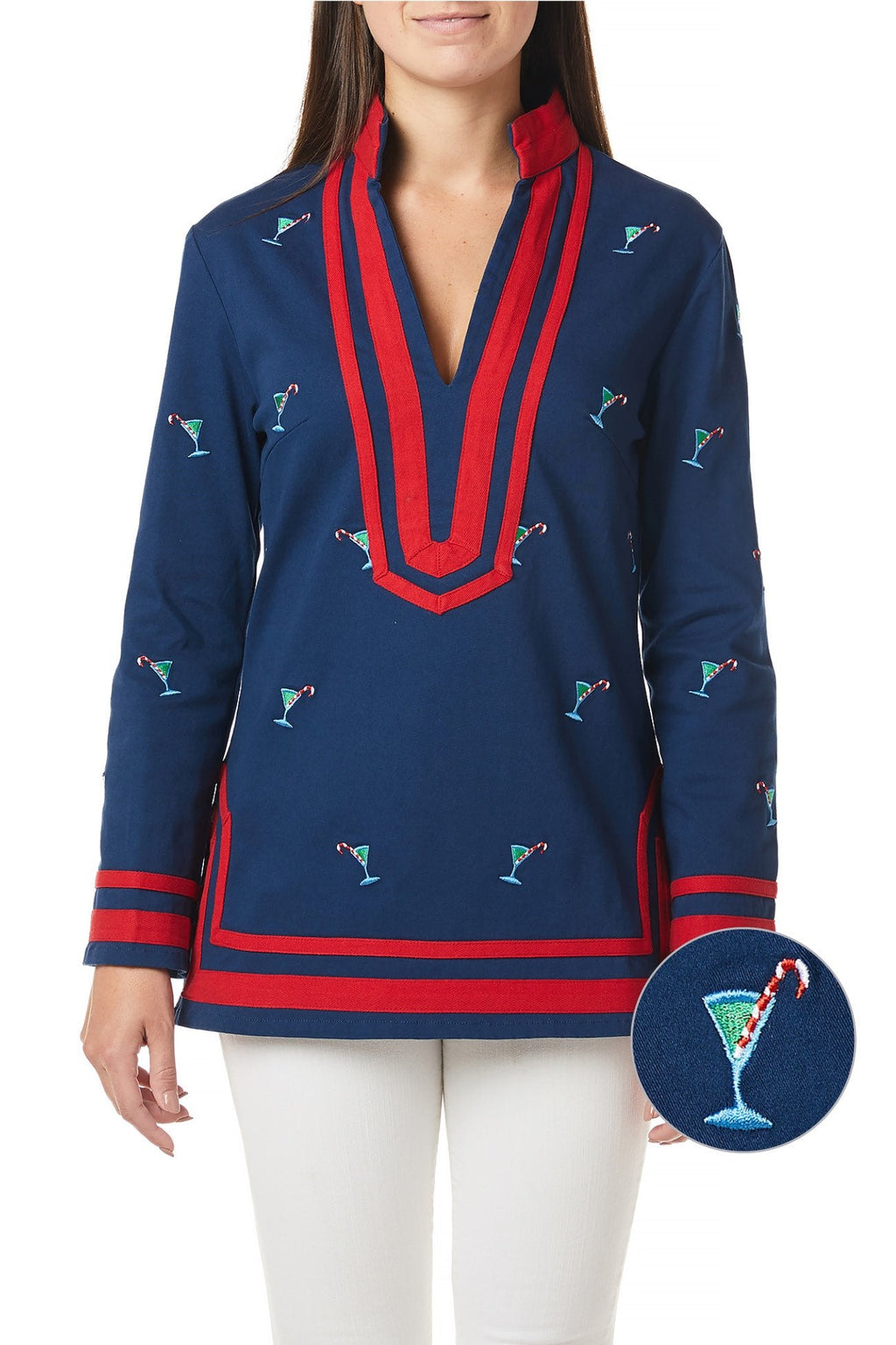 Tunic Top Nantucket Navy with Martini Candy Cane and Red Trim - Castaway Nantucket Island