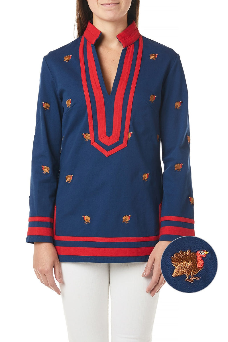 Tunic Top Nantucket Navy with Turkey and Red Trim - Castaway Nantucket Island