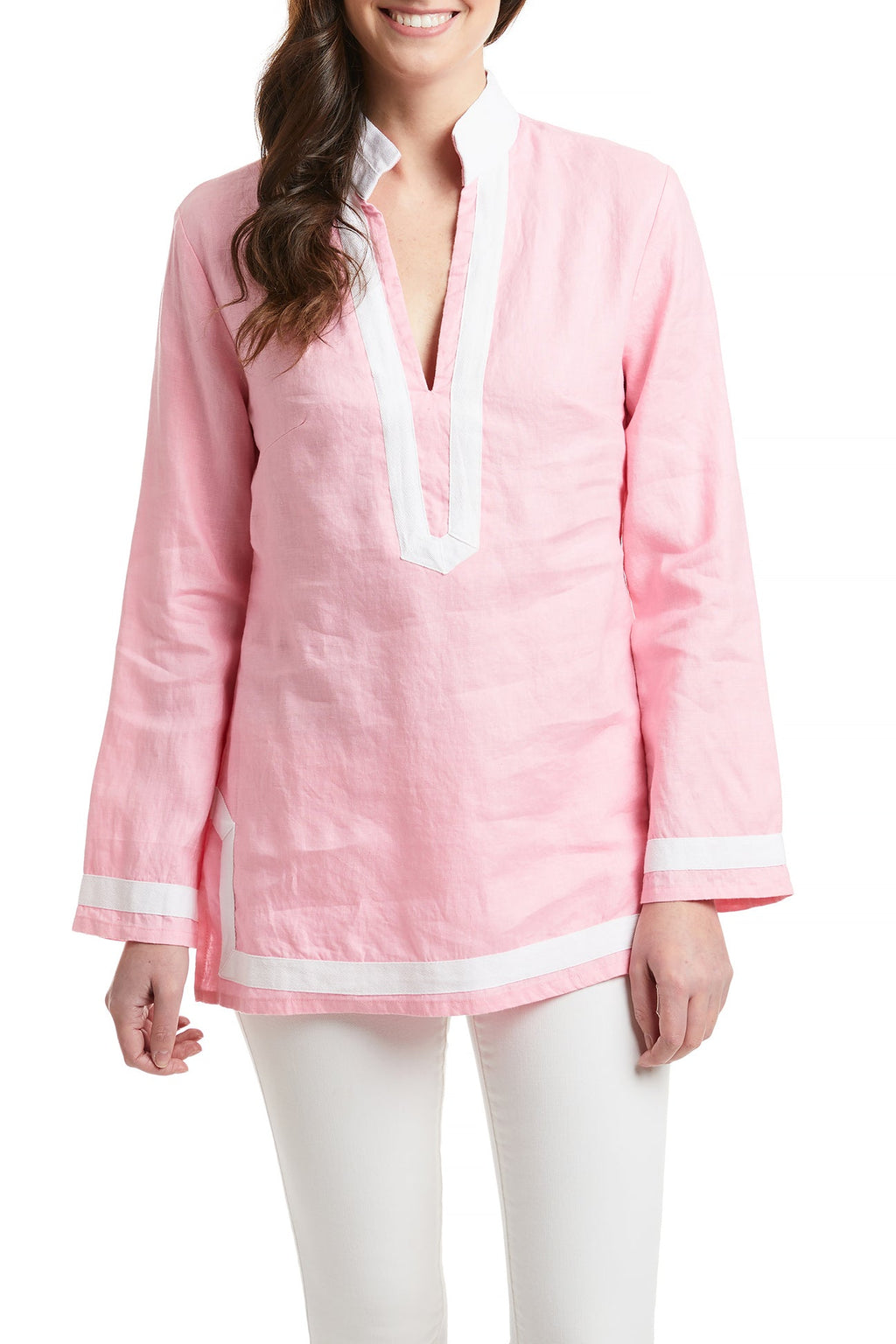 Tunic Top Pink Linen with White Trim TUNICS & DRESSES Castaway Nantucket Island