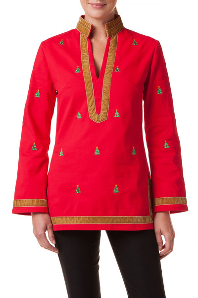 Tunic Top Stretch Twill Bright Red with Christmas Tree - TUNICS & DRESSES - Castaway Nantucket Island