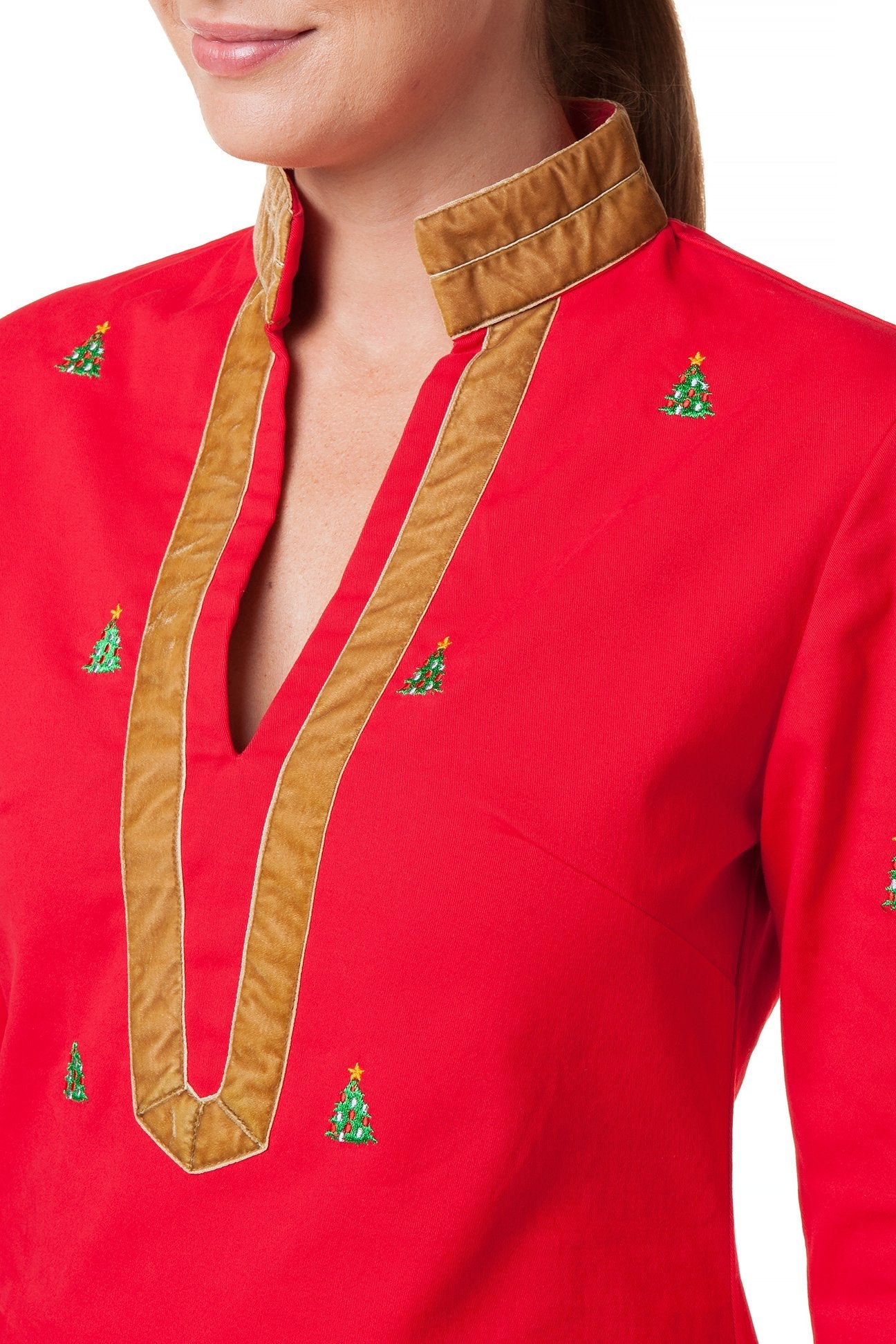 Tunic Top Stretch Twill Bright Red with Christmas Tree - TUNICS & DRESSES - Castaway Nantucket Island