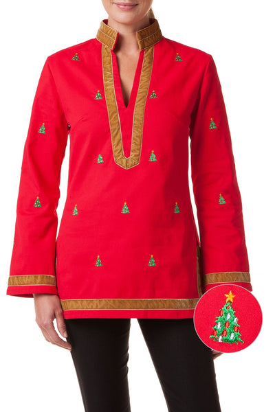 Tunic Top Stretch Twill Bright Red with Christmas Tree - TUNICS & DRESSES - Castaway Nantucket Island