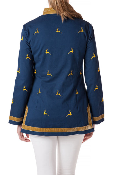 Tunic Top Stretch Twill Nantucket Navy with Leaping Reindeer - Castaway Nantucket Island