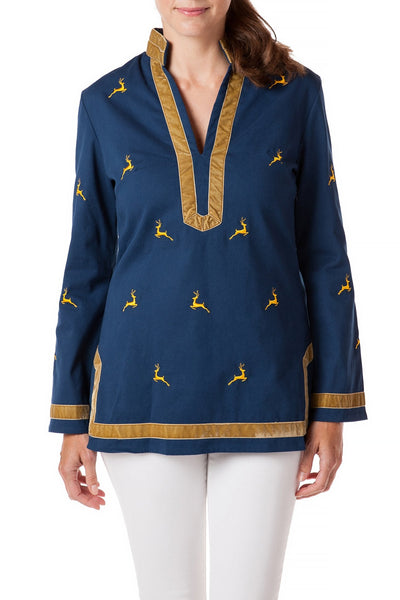 Tunic Top Stretch Twill Nantucket Navy with Leaping Reindeer - Castaway Nantucket Island
