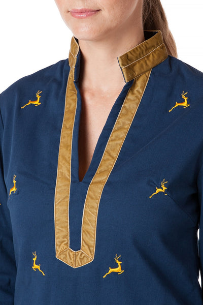 Tunic Top Stretch Twill Nantucket Navy with Leaping Reindeer - Castaway Nantucket Island