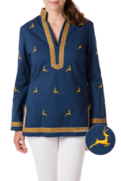 Tunic Top Stretch Twill Nantucket Navy with Leaping Reindeer - Castaway Nantucket Island