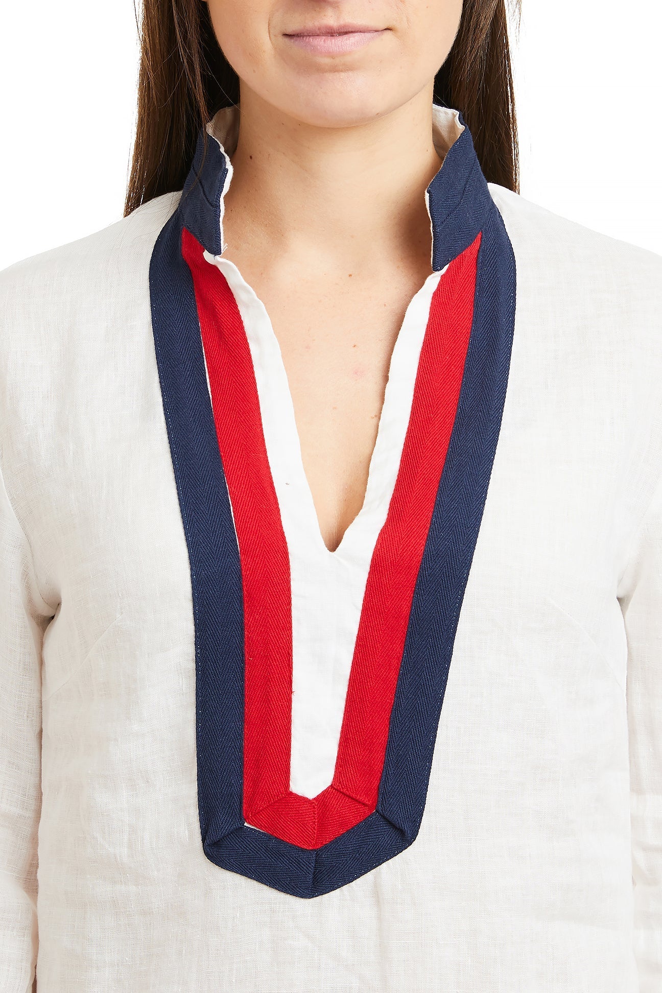 Ladies Patriotic Tunic Top White Linen with Red Navy Trim