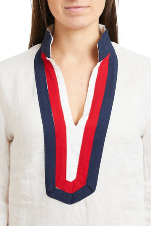 Tunic Top White Linen with Red & Navy Trim TUNICS & DRESSES Castaway Nantucket Island